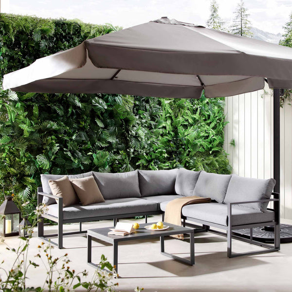 Albany Aluminum Corner Sofa Set with Reclining Back and Coffee Table, Gray