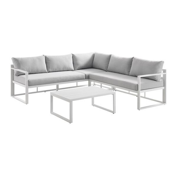 Albany Aluminum Corner Sofa Set with Reclining Back and Coffee Table, White