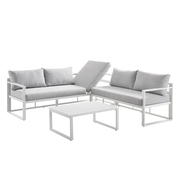Albany Aluminum Corner Sofa Set with Reclining Back and Coffee Table, White