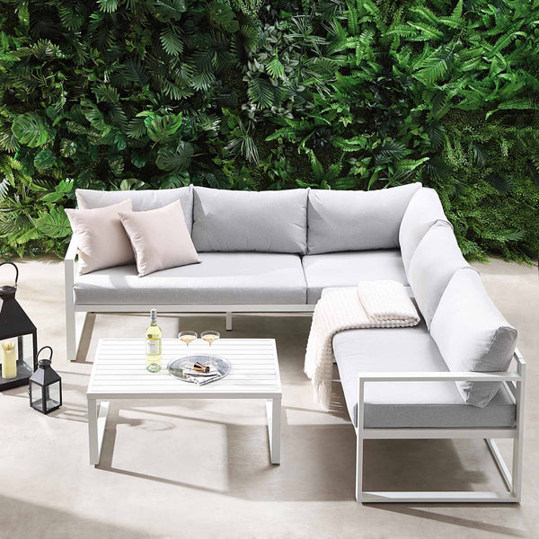 Albany Aluminum Corner Sofa Set with Reclining Back and Coffee Table, White