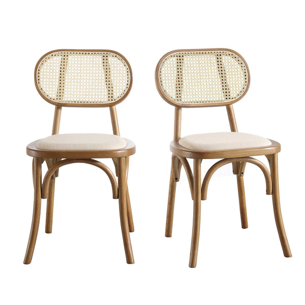 Anya Set of 2 Cane Rattan and Upholstered Dining Chairs, Light Walnut