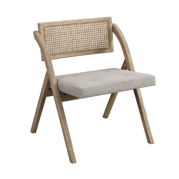 Bordon Natural Cane Rattan Folding Chair with Gray Upholstered Seat