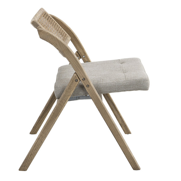 Bordon Natural Cane Rattan Folding Chair with Gray Upholstered Seat