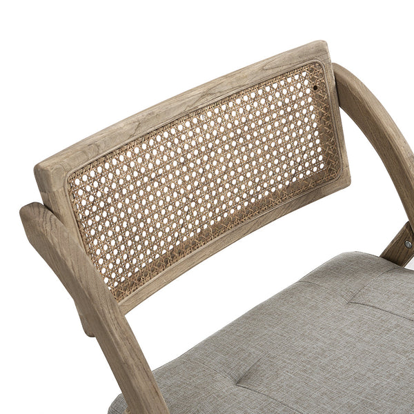 Bordon Natural Cane Rattan Folding Chair with Gray Upholstered Seat