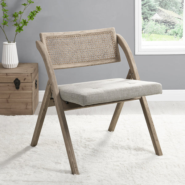 Bordon Natural Cane Rattan Folding Chair with Gray Upholstered Seat