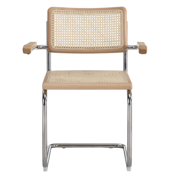 Rayna Pair of 2 Solid Beech Dining Chairs with Armrests, Natural Cane & Chrome (Natural)