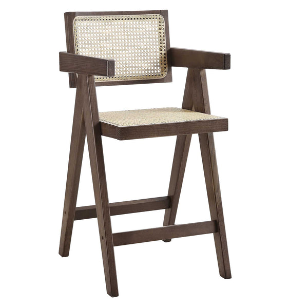 Jeanne Dark Walnut Cane Rattan Solid Beech Wood Counter Stool