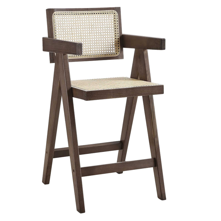 Jeanne Dark Walnut Cane Rattan Solid Beech Wood Counter Stool | daals.com