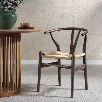 Hansel Wooden Natural Weave Wishbone Dining Chair, Dark Walnut Frame