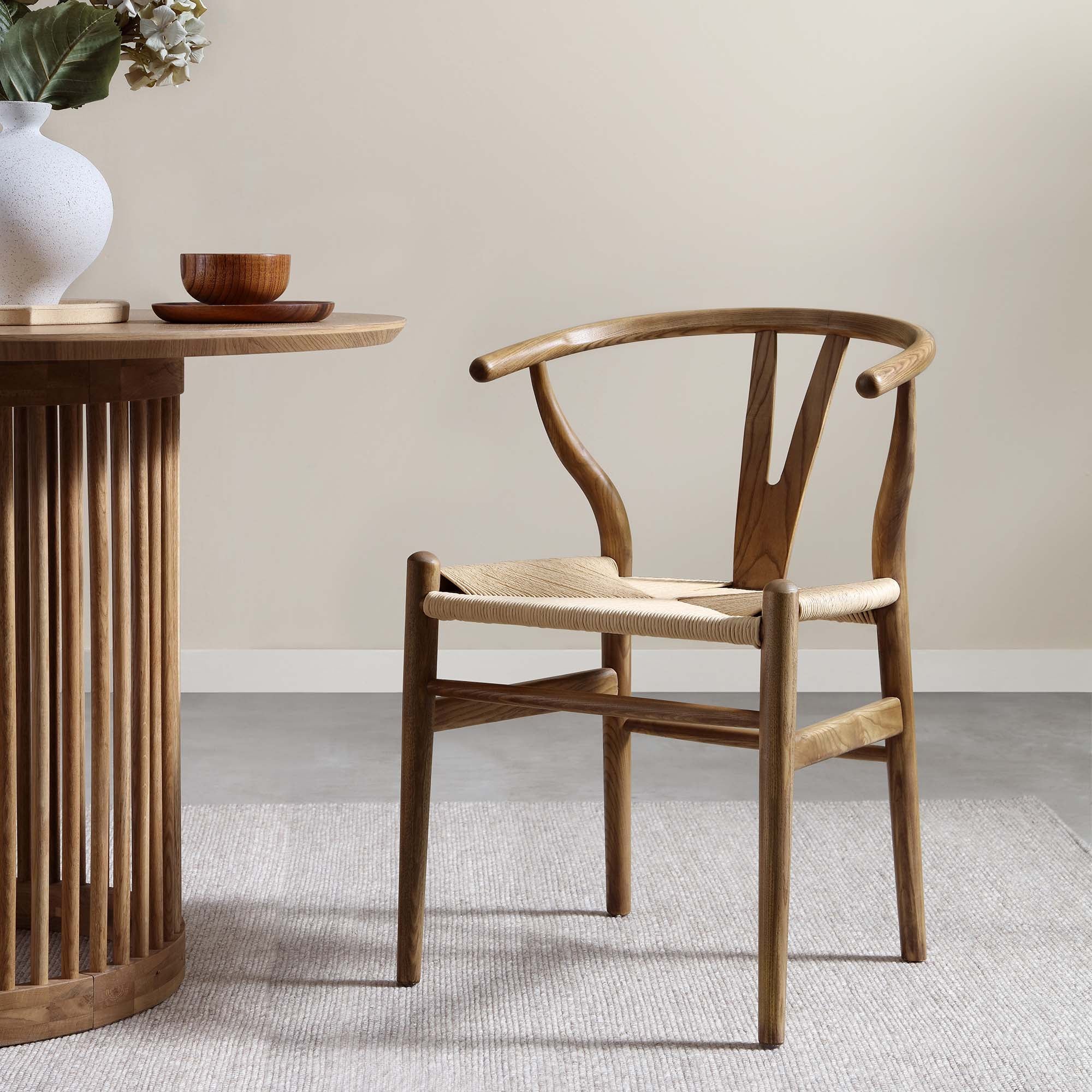 Hansel Wooden Natural Weave Wishbone Dining Chair, Light Walnut Frame