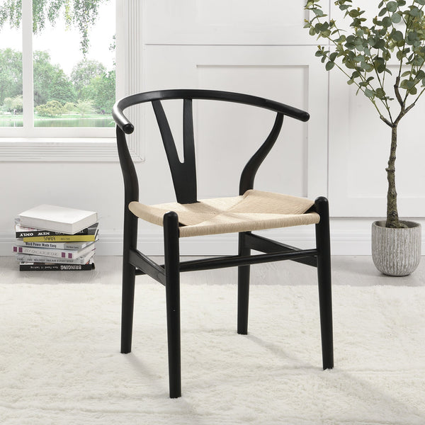 Hansel Wooden Natural Weave Wishbone Dining Chair, Black Frame