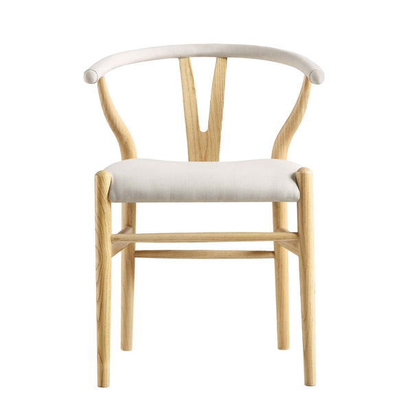 Hansel Wishbone Padded Dining Chair, Beige Fabric and Natural Frame
