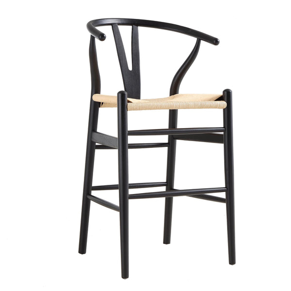 Hansel Wooden Natural Weave Wishbone Counter Stool, Black Frame
