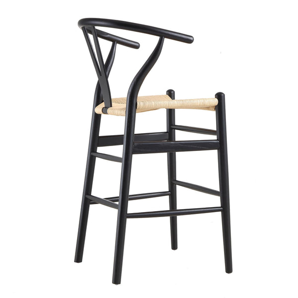 Hansel Wooden Natural Weave Wishbone Counter Stool, Black Frame