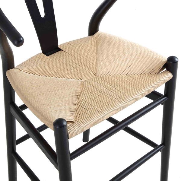 Hansel Wooden Natural Weave Wishbone Counter Stool, Black Frame