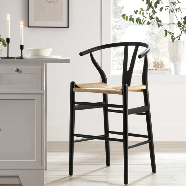 Hansel Wooden Natural Weave Wishbone Counter Stool, Black Frame