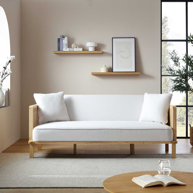 Pienza Solid Wood and Cane Sofa Bed, Beige Woven Fabric with Natural Frame