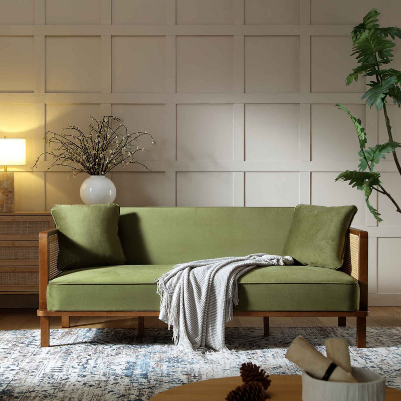 Pienza Solid Wood and Cane Sofa Bed, Moss Green Velvet with Walnut Frame