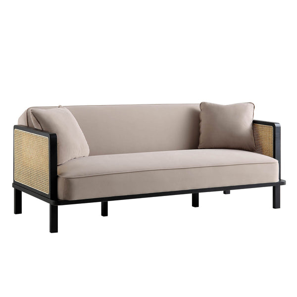 Pienza Solid Wood and Cane Sofa Bed, Taupe Velvet with Black Frame