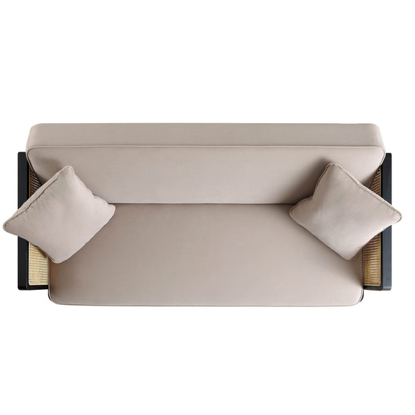 Pienza Solid Wood and Cane Sofa Bed, Taupe Velvet with Black Frame