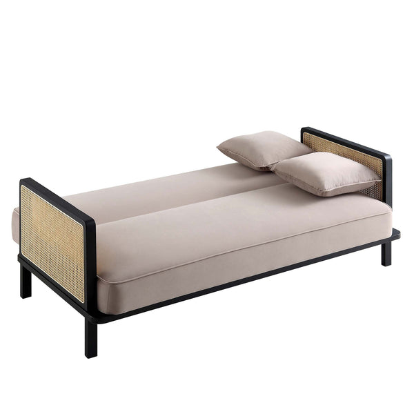 Pienza Solid Wood and Cane Sofa Bed, Taupe Velvet with Black Frame