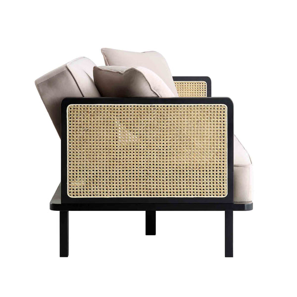 Pienza Solid Wood and Cane Sofa Bed, Taupe Velvet with Black Frame