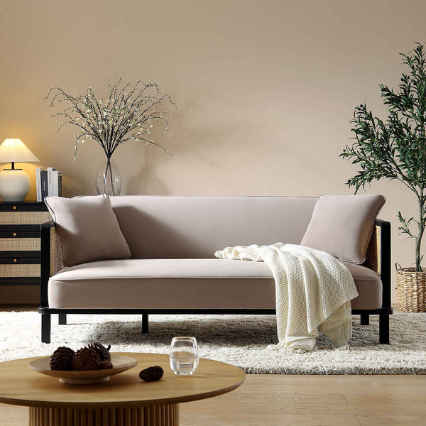 Pienza Solid Wood and Cane Sofa Bed, Taupe Velvet with Black Frame