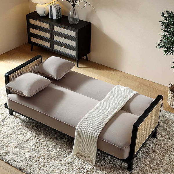 Pienza Solid Wood and Cane Sofa Bed, Taupe Velvet with Black Frame