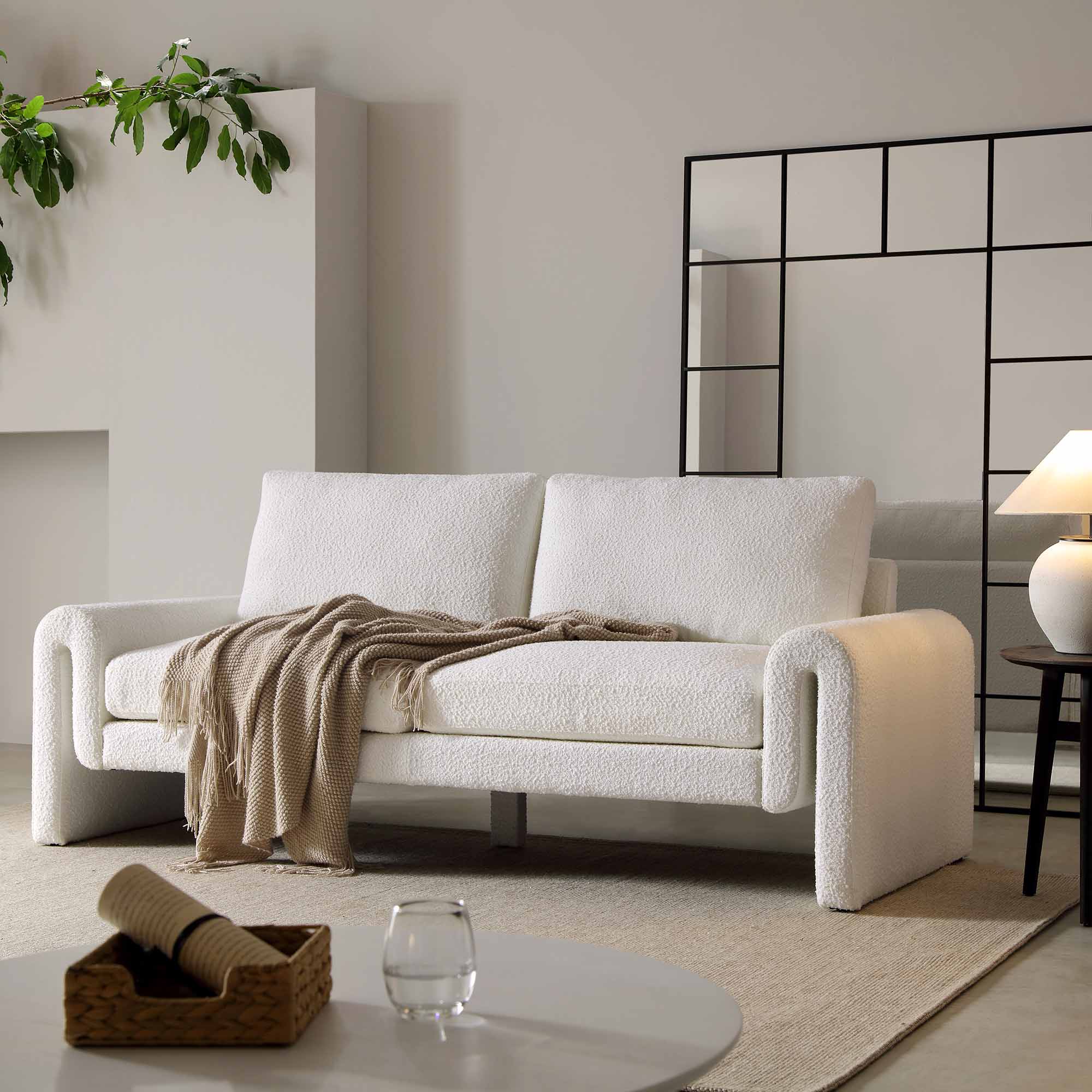 Hampstead White Boucle Curved 3-Seater Sofa - Main Image