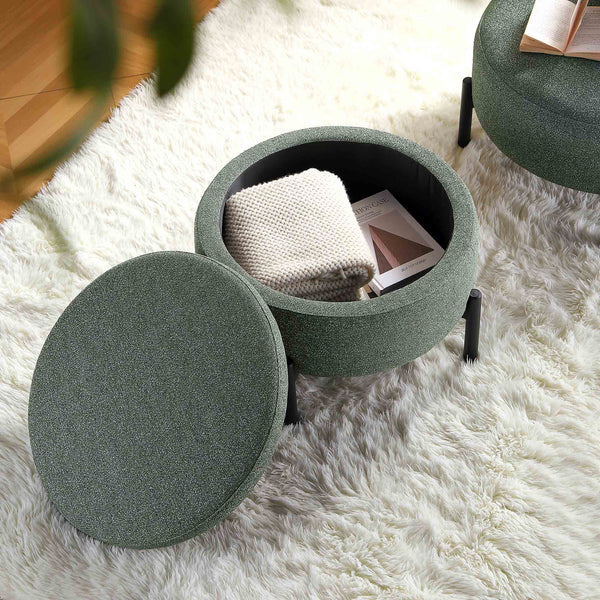 Amboise Round Storage Pouffe, Spruce Green Textured Fabric
