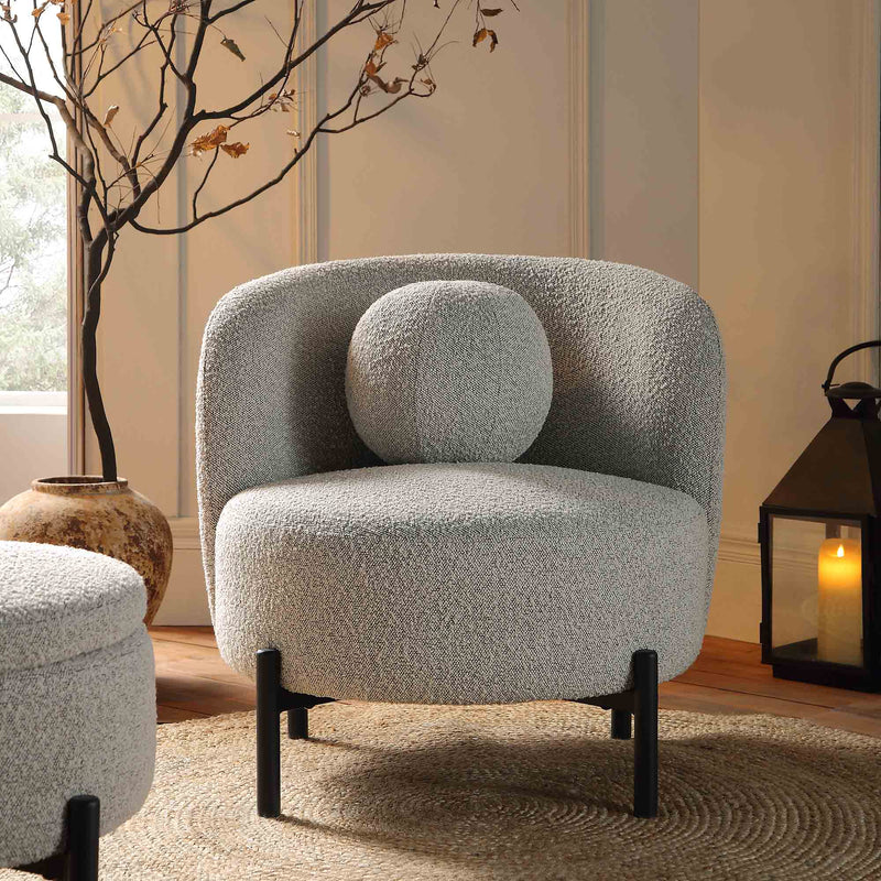 Amboise Armchair with Ball Cushion, Mist Gray Boucle
