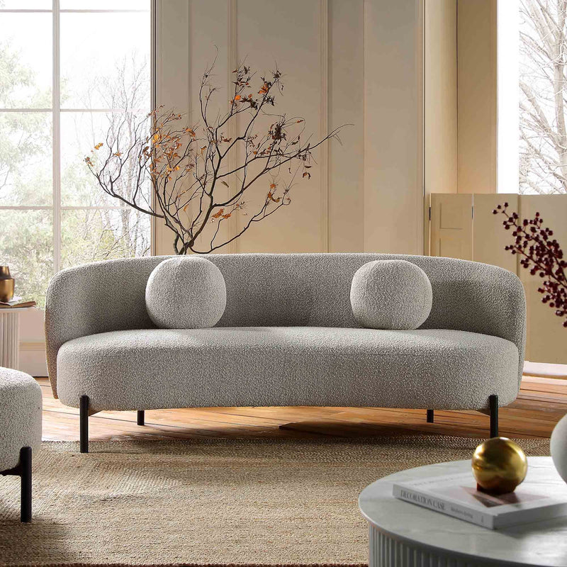 Amboise 3-Seater Curved Sofa with Ball Cushions, Mist Gray Boucle