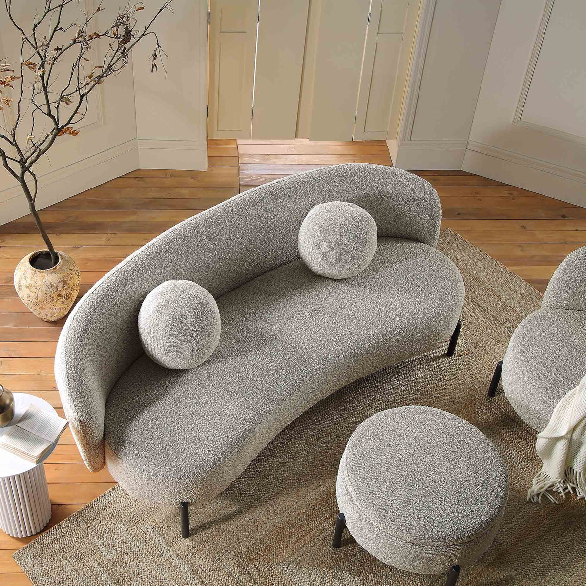 Amboise 3-Seater Curved Sofa with Ball Cushions, Mist Gray Boucle