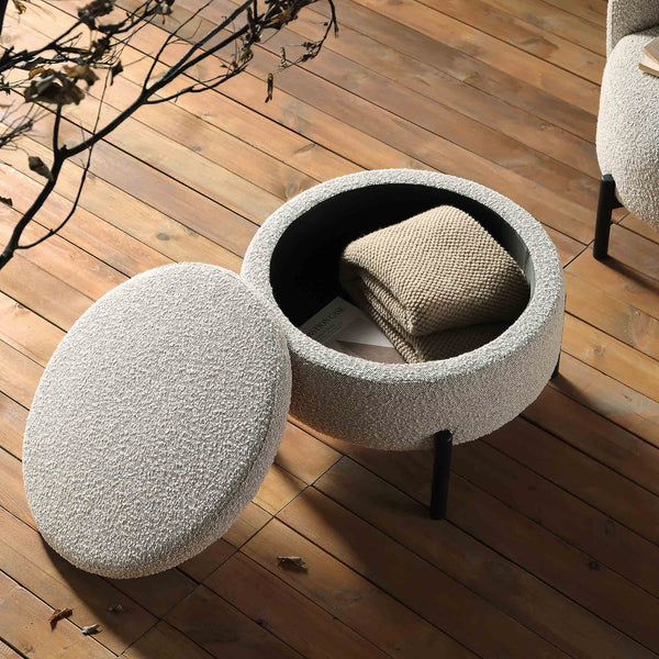 Amboise Round Storage Pouffe, Mist Gray Boucle