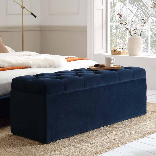 Leamington Deep-Buttoned Ottoman Storage Bench, Midnight Blue
