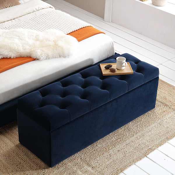 Leamington Deep-Buttoned Ottoman Storage Bench, Midnight Blue Velvet